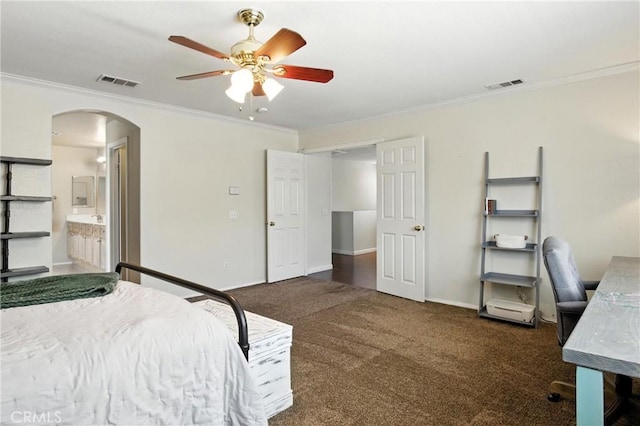 16074 Coyote Springs Ct, Moreno Valley, CA 92551 - bedroom with arched walkways, ornamental molding, carpet floors, an office area, and a ceiling fan