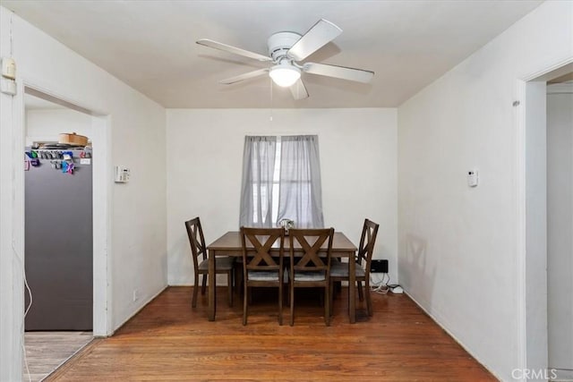 24976 7th St, San Bernardino, CA 92410 - dining space with ceiling fan and wood finished floors