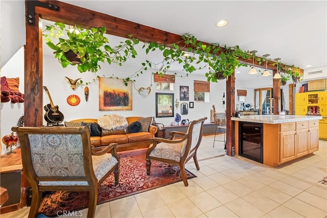 24058 Eagle Mountain St, West Hills, CA 91304 - living room featuring beverage cooler, light tile patterned floors, and recessed lighting