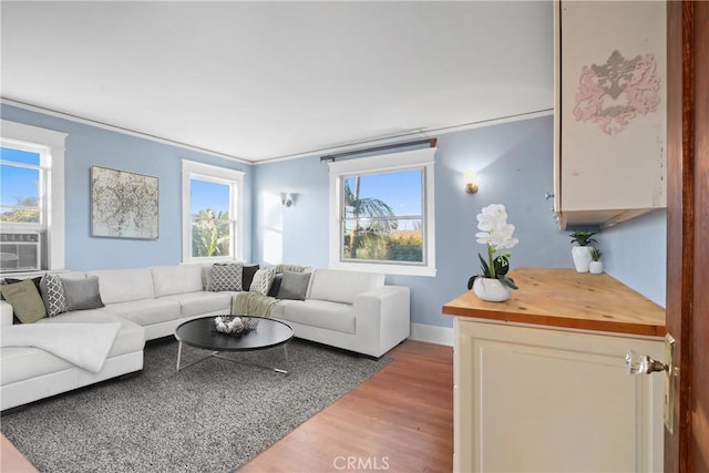 853 S Lemon St, Anaheim, CA 92805 - living area featuring wood finished floors, cooling unit, and ornamental molding
