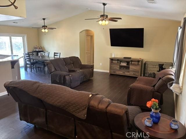 10401 Hemlock Ave, Hesperia, CA 92345 - living area featuring ceiling fan, arched walkways, wood finished floors, and lofted ceiling