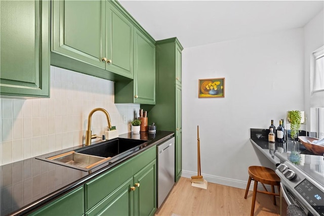 625 N Flores St Unit 202, West Hollywood, CA 90048 - kitchen with appliances with stainless steel finishes, green cabinets, light wood finished floors, and backsplash