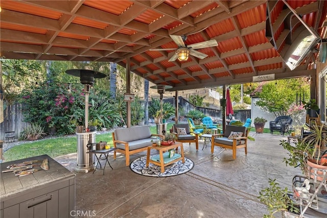 2566 Cottonwood Trl, Chino Hills, CA 91709 - fenced backyard with outdoor lounge area, a patio, and ceiling fan