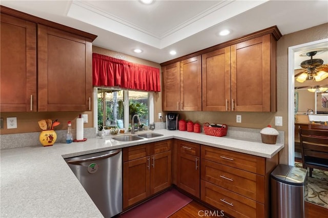 2566 Cottonwood Trl, Chino Hills, CA 91709 - kitchen with stainless steel dishwasher, ornamental molding, light countertops, recessed lighting, and brown cabinets