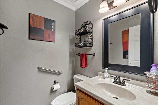 2566 Cottonwood Trl, Chino Hills, CA 91709 - half bathroom featuring ornamental molding, a textured wall, and vanity