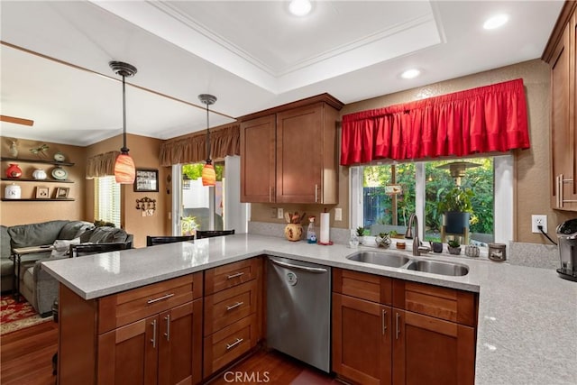 2566 Cottonwood Trl, Chino Hills, CA 91709 - kitchen featuring stainless steel dishwasher, crown molding, a peninsula, a tray ceiling, and hanging light fixtures