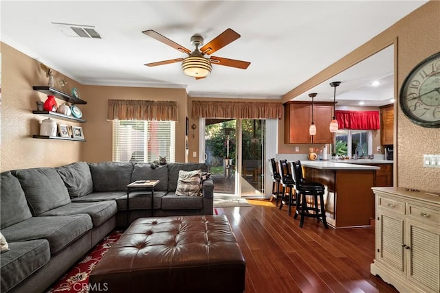 2566 Cottonwood Trl, Chino Hills, CA 91709 - living area with dark wood finished floors, a ceiling fan, crown molding, and a textured wall