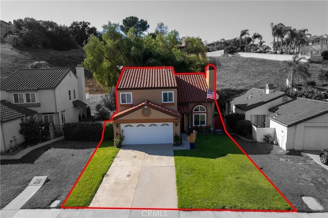 2566 Cottonwood Trl, Chino Hills, CA 91709 - mediterranean / spanish home featuring a tiled roof, concrete driveway, stucco siding, a garage, and a front yard