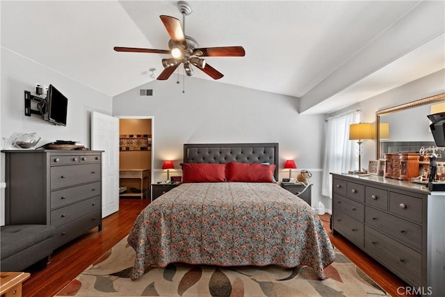 2566 Cottonwood Trl, Chino Hills, CA 91709 - bedroom featuring lofted ceiling, dark wood-type flooring, a spacious closet, and ceiling fan