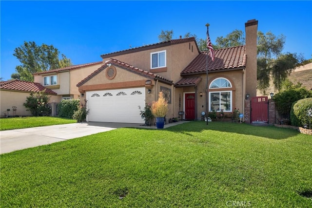 2566 Cottonwood Trl, Chino Hills, CA 91709 - mediterranean / spanish home featuring a garage, a chimney, driveway, a front yard, and stucco siding