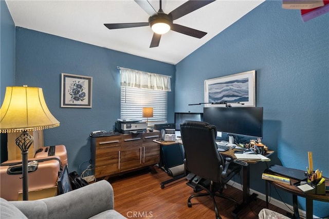 2566 Cottonwood Trl, Chino Hills, CA 91709 - office area with wood finished floors, lofted ceiling, a ceiling fan, and a textured wall