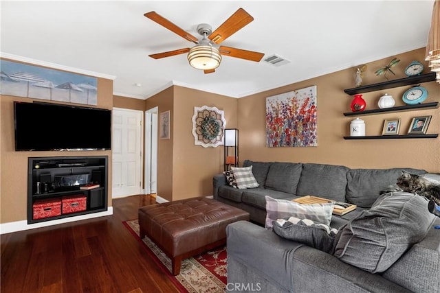2566 Cottonwood Trl, Chino Hills, CA 91709 - living area with wood finished floors, a ceiling fan, and crown molding