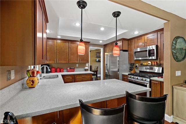 2566 Cottonwood Trl, Chino Hills, CA 91709 - kitchen featuring stainless steel appliances, a tray ceiling, a peninsula, ornamental molding, and recessed lighting