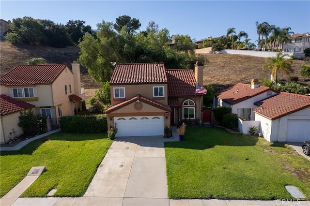 2566 Cottonwood Trl, Chino Hills, CA 91709 - mediterranean / spanish home with an attached garage, concrete driveway, a tiled roof, a residential view, and a chimney