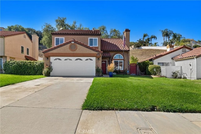 2566 Cottonwood Trl, Chino Hills, CA 91709 - mediterranean / spanish house featuring a tile roof, a chimney, driveway, an attached garage, and stucco siding