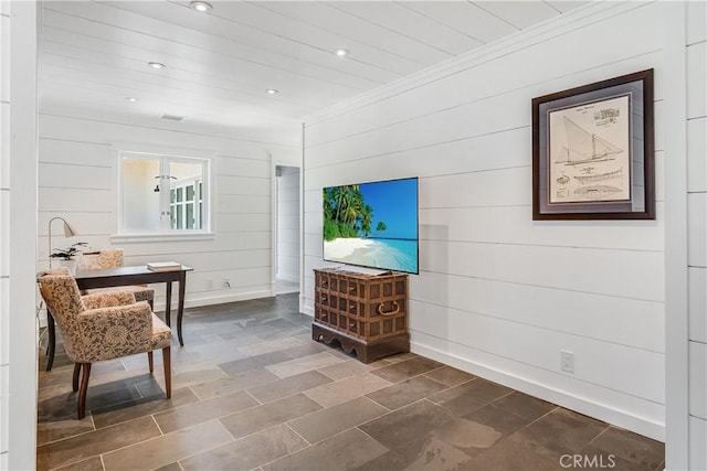 16 Roadrunner Rd, Rolling Hills, CA 90274 - living room featuring ornamental molding, recessed lighting, and wood walls