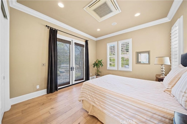 19668 Three Oaks Ln, Walnut, CA 91789 - bedroom with light wood-style flooring, ornamental molding, recessed lighting, access to outside, and french doors