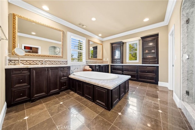 19668 Three Oaks Ln, Walnut, CA 91789 - full bathroom featuring a bath, vanity, ornamental molding, and recessed lighting