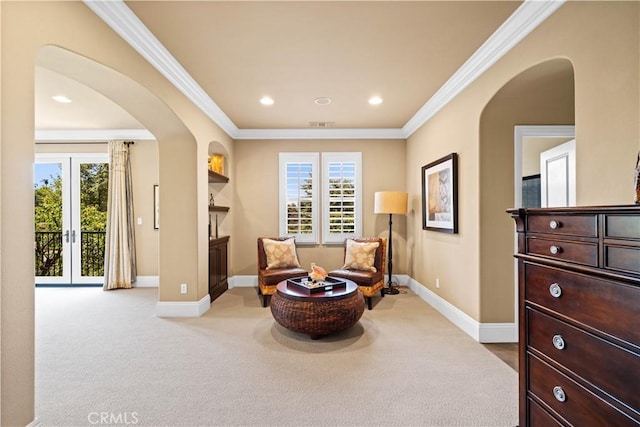 19668 Three Oaks Ln, Walnut, CA 91789 - living area with arched walkways, crown molding, carpet floors, and recessed lighting