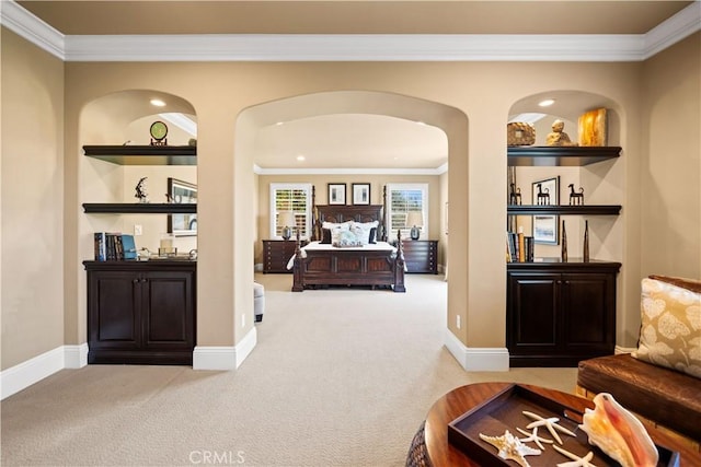 19668 Three Oaks Ln, Walnut, CA 91789 - bedroom with ornamental molding, carpet floors, arched walkways, and bar area