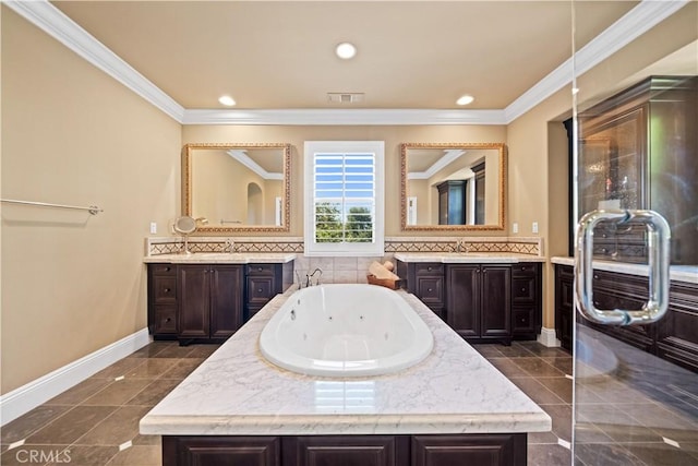 19668 Three Oaks Ln, Walnut, CA 91789 - full bathroom featuring two vanities, a tub with jets, crown molding, and recessed lighting