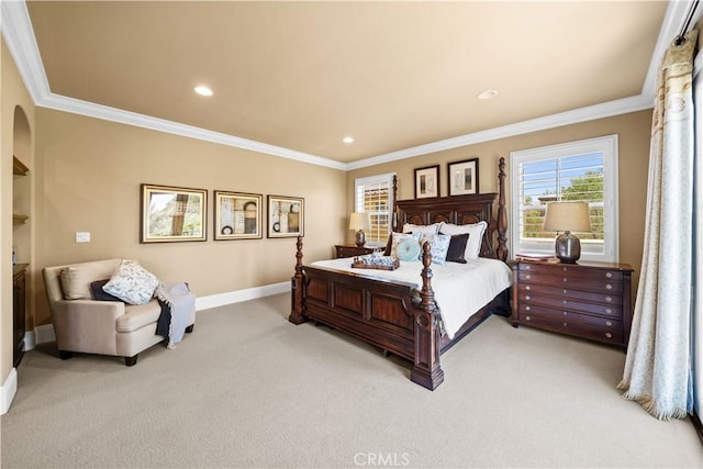 19668 Three Oaks Ln, Walnut, CA 91789 - bedroom featuring light carpet, crown molding, and recessed lighting