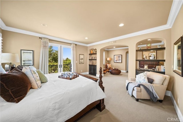 19668 Three Oaks Ln, Walnut, CA 91789 - bedroom featuring french doors, carpet flooring, access to exterior, crown molding, and arched walkways
