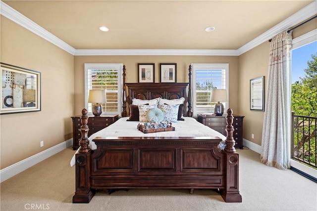 19668 Three Oaks Ln, Walnut, CA 91789 - bedroom with light carpet, multiple windows, crown molding, recessed lighting, and access to outside