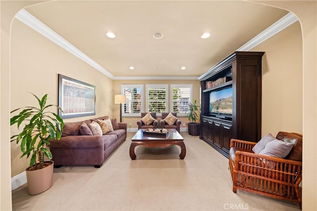 19668 Three Oaks Ln, Walnut, CA 91789 - living room featuring crown molding, arched walkways, light colored carpet, and recessed lighting
