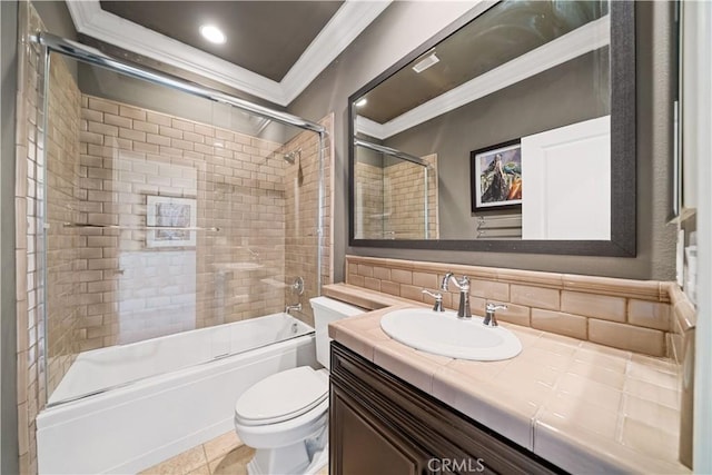 19668 Three Oaks Ln, Walnut, CA 91789 - full bath with ornamental molding, vanity, combined bath / shower with glass door, tasteful backsplash, and tile patterned floors