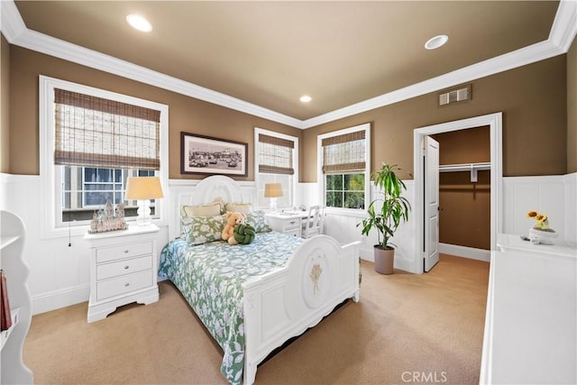 19668 Three Oaks Ln, Walnut, CA 91789 - bedroom with light colored carpet, wainscoting, crown molding, recessed lighting, and a walk in closet