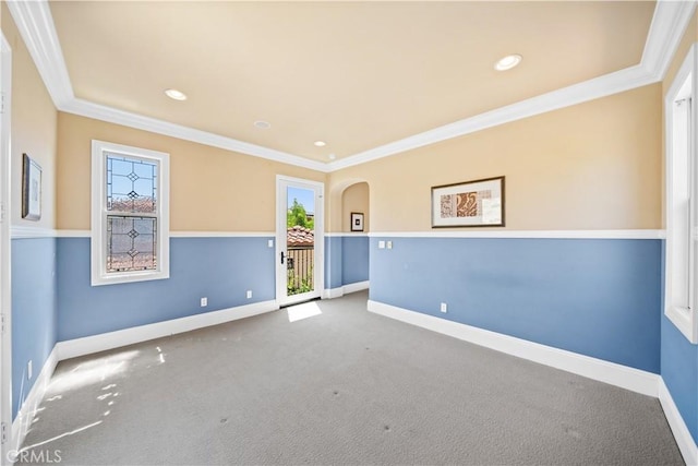 19668 Three Oaks Ln, Walnut, CA 91789 - unfurnished room featuring carpet, ornamental molding, arched walkways, and recessed lighting