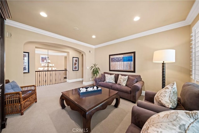 19668 Three Oaks Ln, Walnut, CA 91789 - carpeted living room with arched walkways, a chandelier, crown molding, and recessed lighting