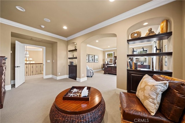 19668 Three Oaks Ln, Walnut, CA 91789 - living area with carpet flooring, arched walkways, ornamental molding, recessed lighting, and built in features