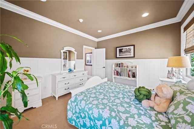 19668 Three Oaks Ln, Walnut, CA 91789 - bedroom featuring light colored carpet, wainscoting, ornamental molding, and recessed lighting