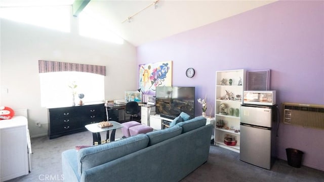 3456 Veteran Ave, Los Angeles, CA 90034 - living area featuring carpet floors, rail lighting, an AC wall unit, beamed ceiling, and high vaulted ceiling
