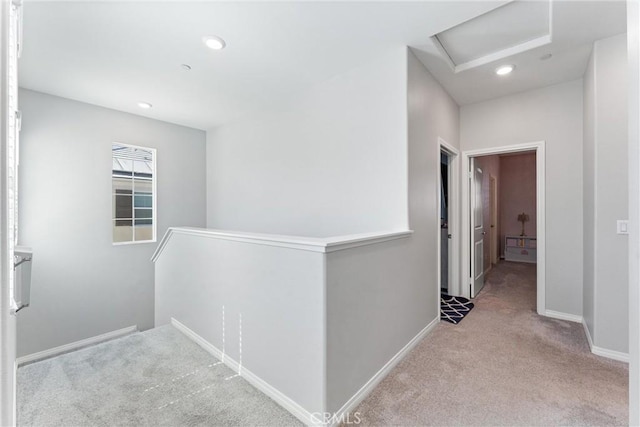 16004 Huckleberry Ave, Chino, CA 91708 - hallway featuring an upstairs landing, attic access, carpet floors, and recessed lighting