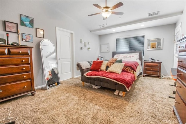 17993 Mondamon Rd, Apple Valley, CA 92307 - bedroom featuring carpet flooring, lofted ceiling, ceiling fan, and recessed lighting