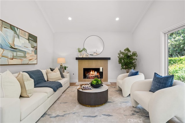 12 Creekside, Irvine, CA 92603 - living area featuring ornamental molding, a lit fireplace, and recessed lighting