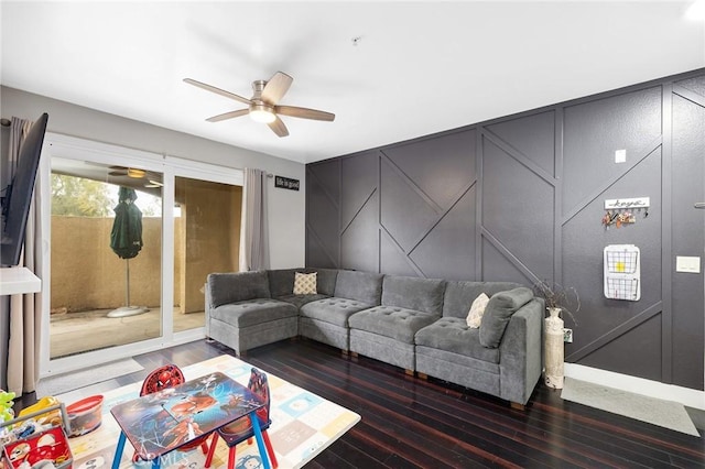 375 Central Ave Unit 196, Riverside, CA 92507 - living room featuring a decorative wall, a ceiling fan, and hardwood / wood-style flooring