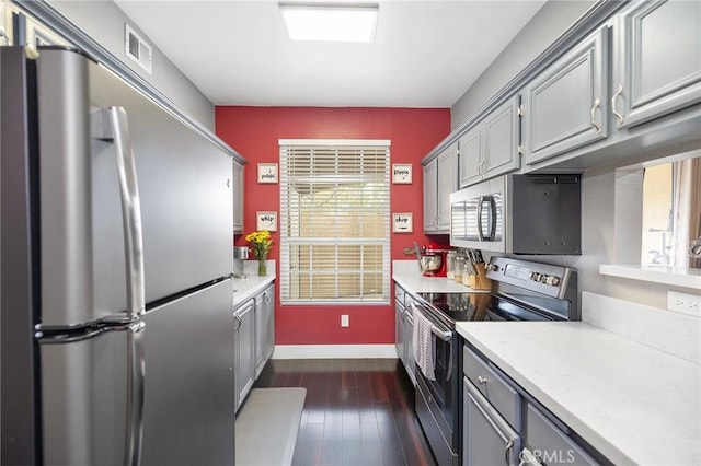 375 Central Ave Unit 196, Riverside, CA 92507 - kitchen featuring appliances with stainless steel finishes, gray cabinetry, light countertops, and dark wood-style floors