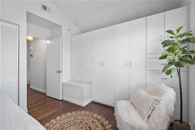 409 Utica Ave Unit C23, Huntington Beach, CA 92648 - bedroom with dark wood-type flooring, vaulted ceiling, and a closet