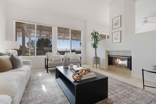 837 Calle Lagasca, Chula Vista, CA 91910 - living area with healthy amount of natural light, a fireplace, carpet floors, and ceiling fan