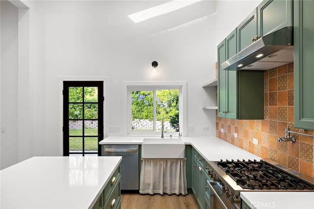 294 Calle Cuervo, San Clemente, CA 92672 - kitchen featuring green cabinets, dishwasher, under cabinet range hood, light countertops, and a high ceiling