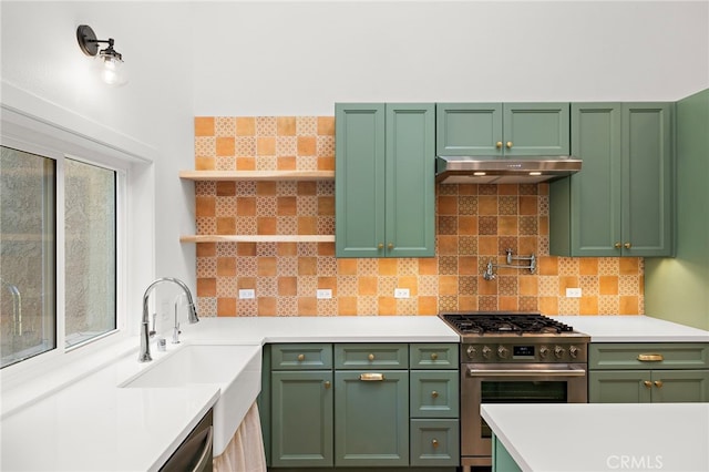 294 Calle Cuervo, San Clemente, CA 92672 - kitchen with high end stainless steel range oven, under cabinet range hood, green cabinetry, open shelves, and decorative backsplash