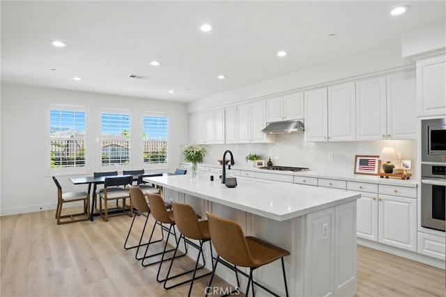 12 Rastro St, Rancho Mission Viejo, CA 92694 - kitchen with appliances with stainless steel finishes, under cabinet range hood, white cabinetry, tasteful backsplash, and light wood-style flooring