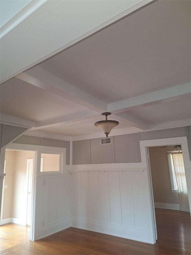 2109 N Marengo Ave, Altadena, CA 91001 - unfurnished room with beam ceiling, a decorative wall, wood finished floors, and coffered ceiling