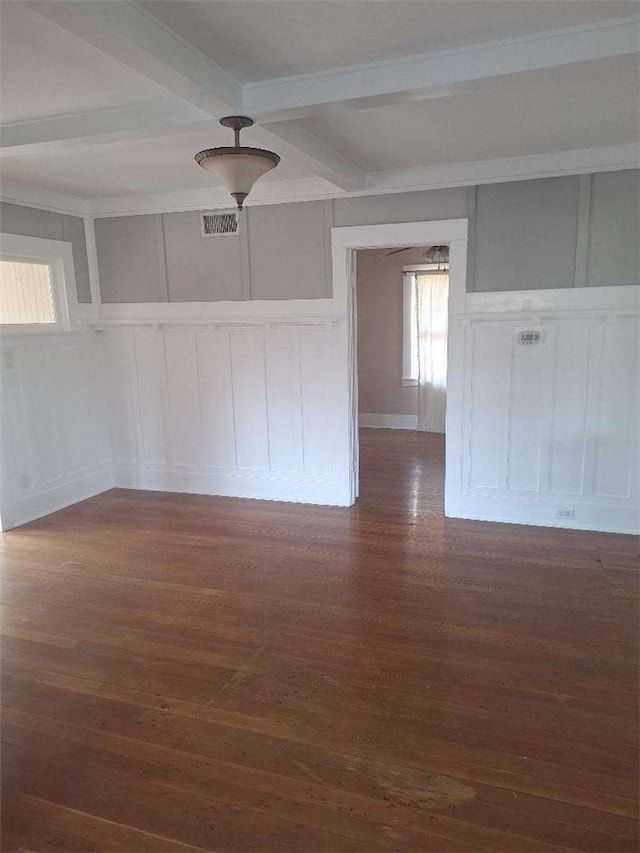 2109 N Marengo Ave, Altadena, CA 91001 - empty room with a decorative wall, beam ceiling, dark wood-style flooring, a wainscoted wall, and coffered ceiling