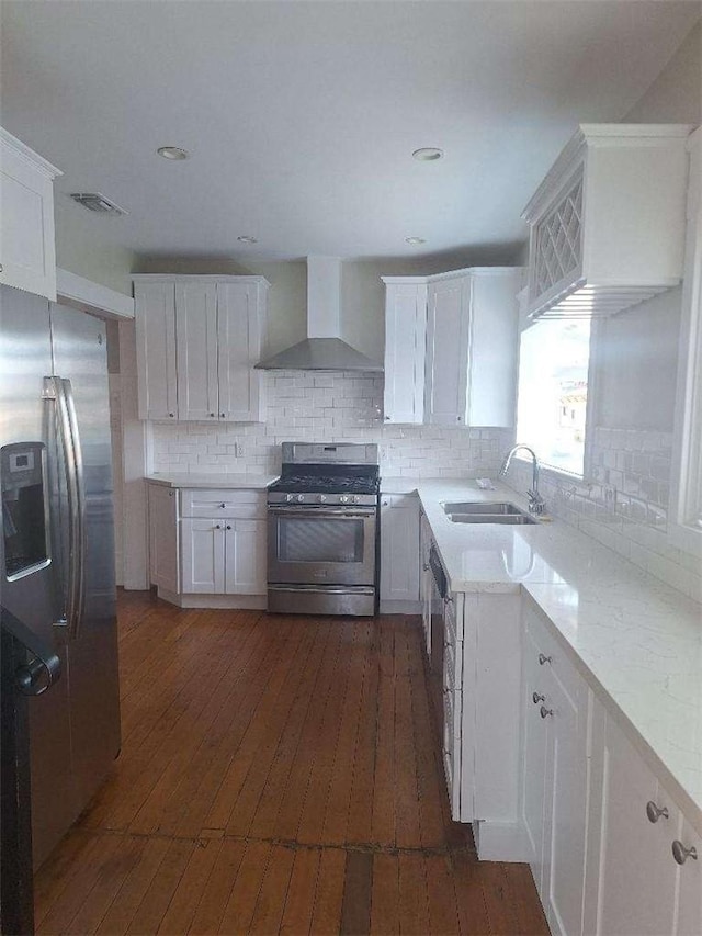 2109 N Marengo Ave, Altadena, CA 91001 - kitchen with appliances with stainless steel finishes, wall chimney exhaust hood, dark wood-type flooring, white cabinets, and recessed lighting