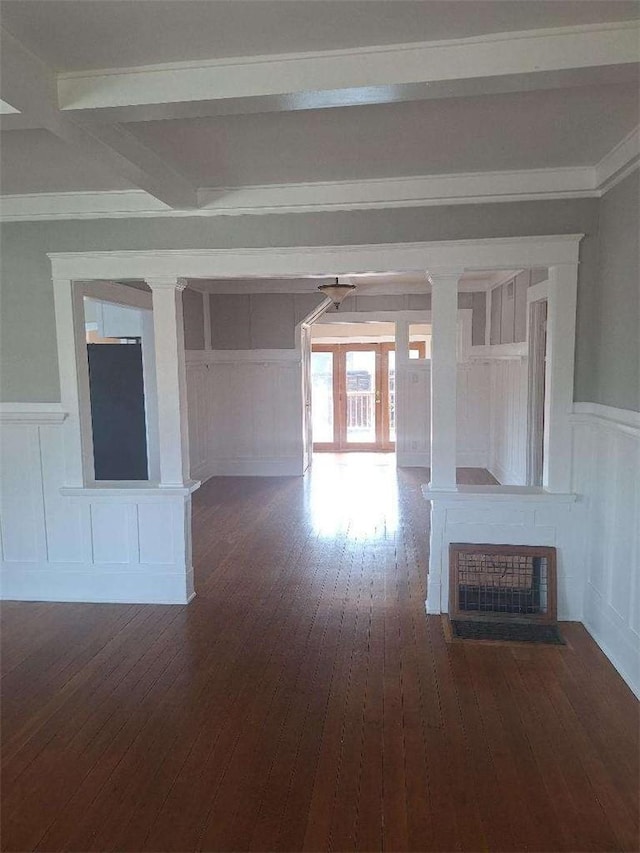 2109 N Marengo Ave, Altadena, CA 91001 - corridor featuring decorative columns, a decorative wall, wood-type flooring, beamed ceiling, and a wainscoted wall